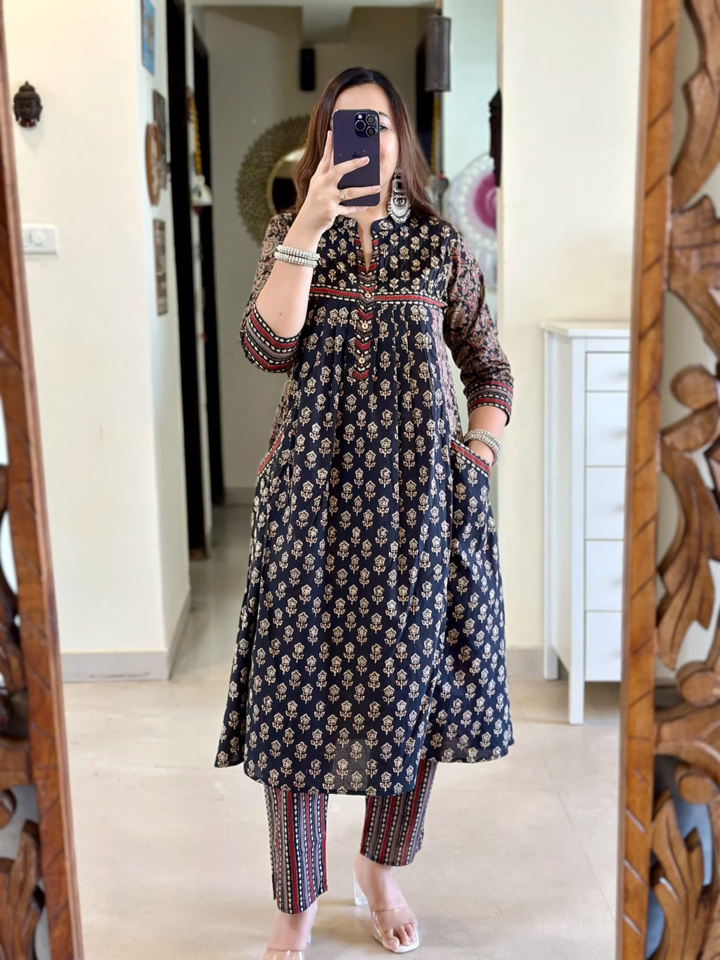 Elegant Navy Blue Printed Cotton Kurta Set