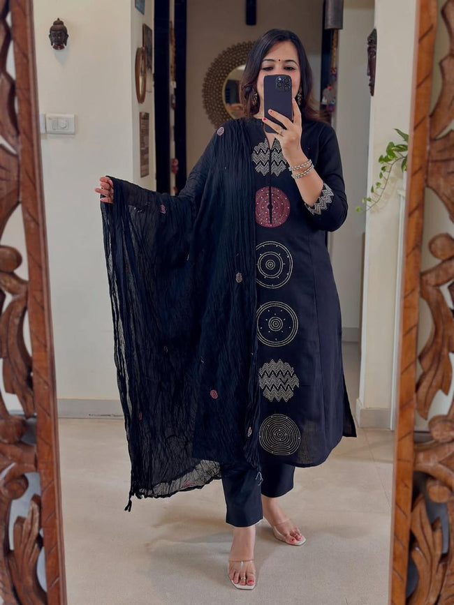 Elegant Navy Blue Cotton Kurta with Geometric Embroidery Detailing Main Image