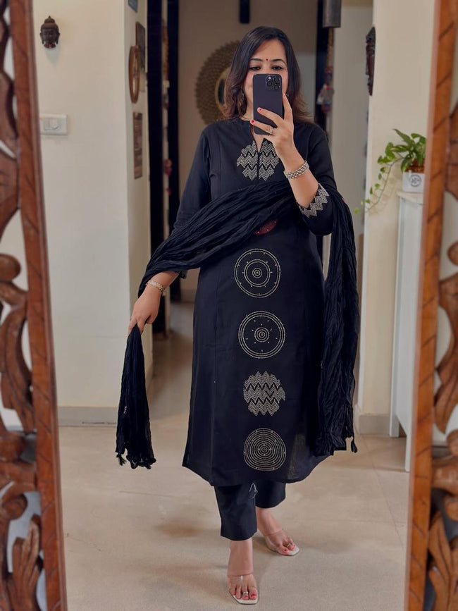 Elegant Navy Blue Cotton Kurta with Geometric Embroidery Detailing Hover Image