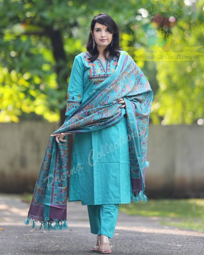 Elegant Teal Blue Cotton Kurta Set with Embroidered Neckline and Printed Dupatta Hover Image