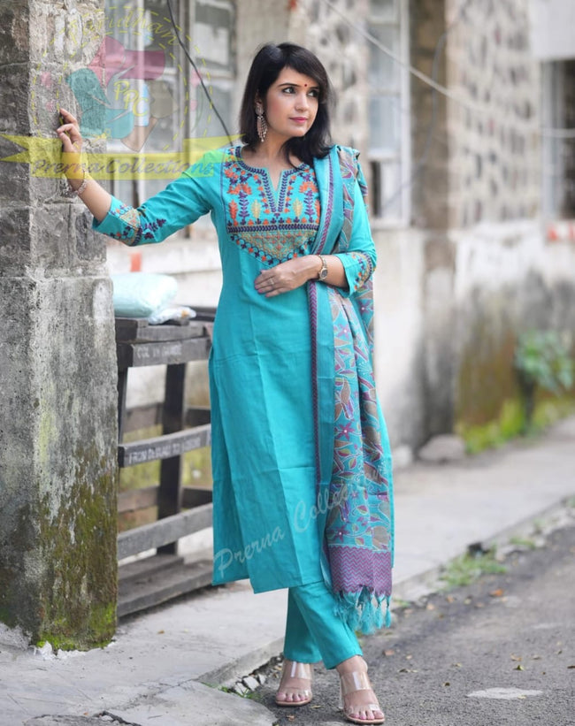 Elegant Teal Blue Cotton Kurta Set with Embroidered Neckline and Printed Dupatta Main Image