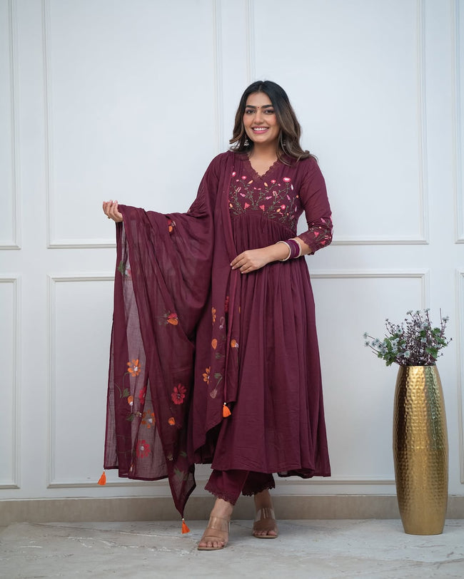 Wine Floral Hand-Embroidered Anarkali Set Main Image