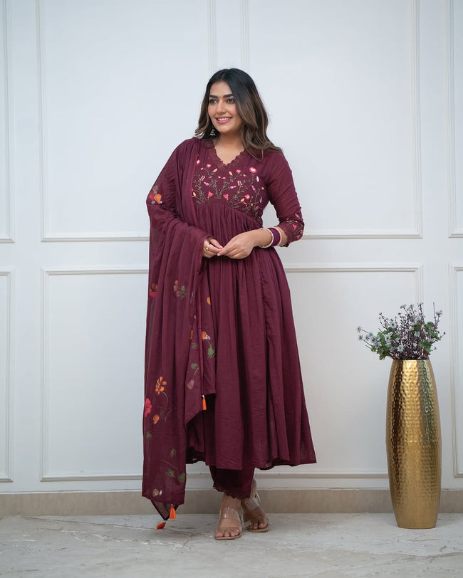 Wine Floral Hand-Embroidered Anarkali Set Hover Image