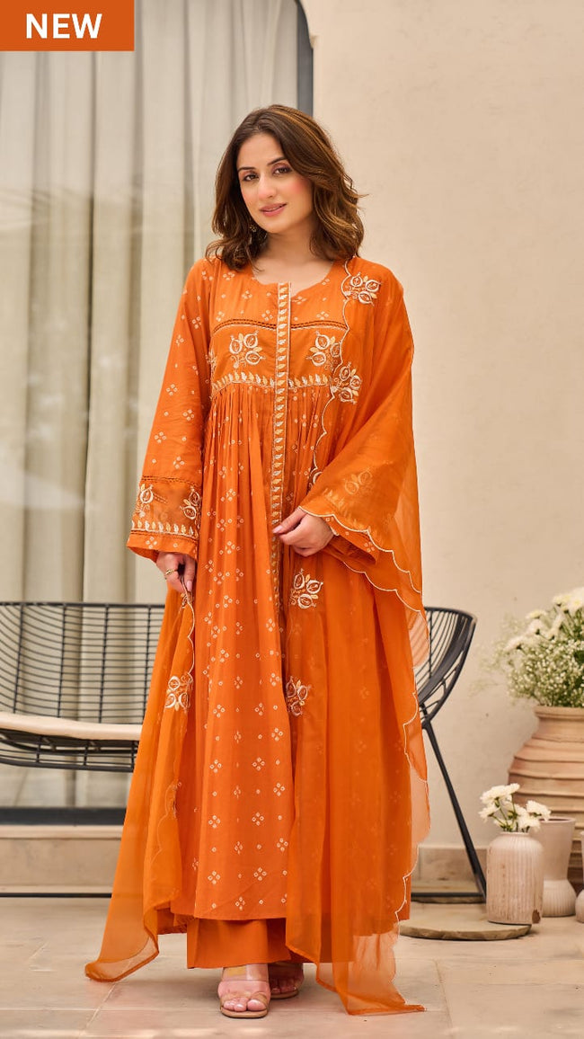 Radiant Rust Orange Embroidered Kurta Set Hover Image