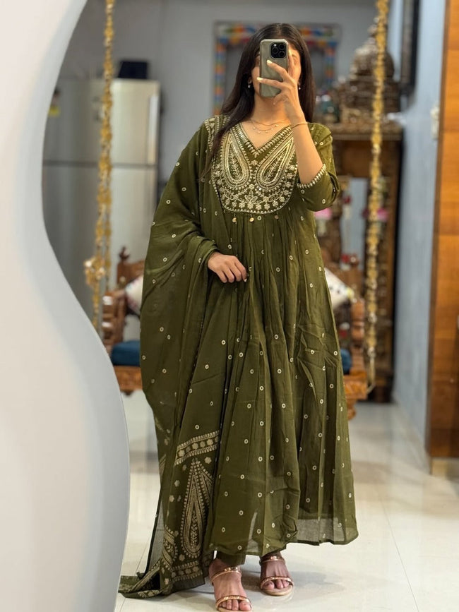Olive Green Heavy Embroidered Anarkali Kurta Set with Dupatta Hover Image