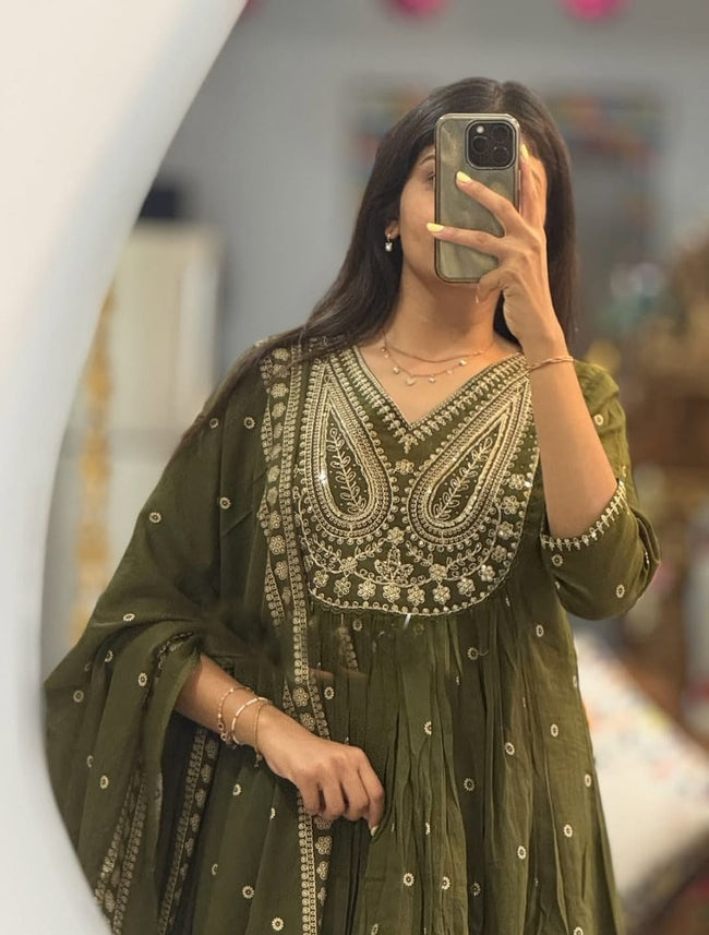 Olive Green Heavy Embroidered Anarkali Kurta Set with Dupatta Main Image