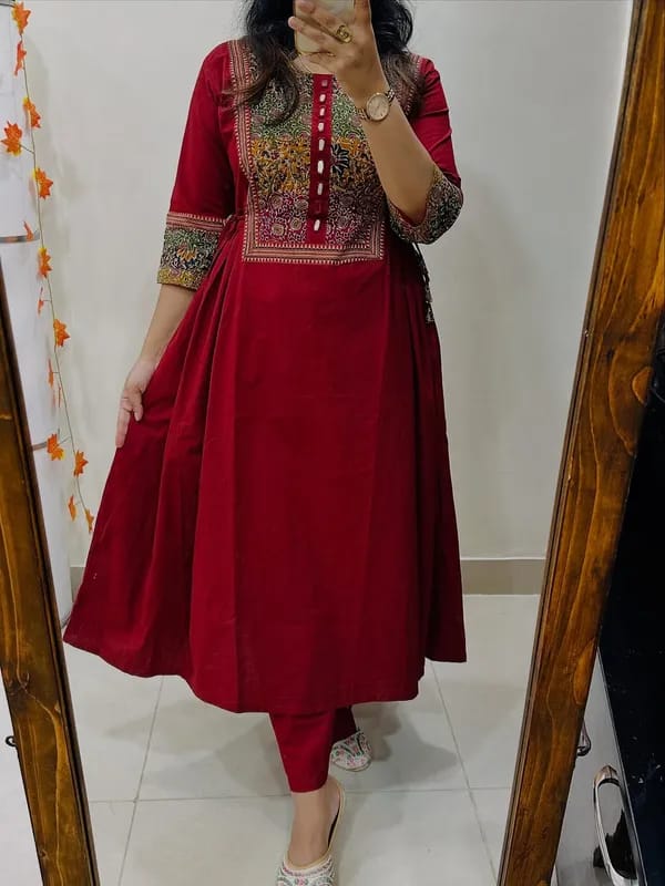 Wine Red Embroidered Anarkali Kurta Set Hover Image