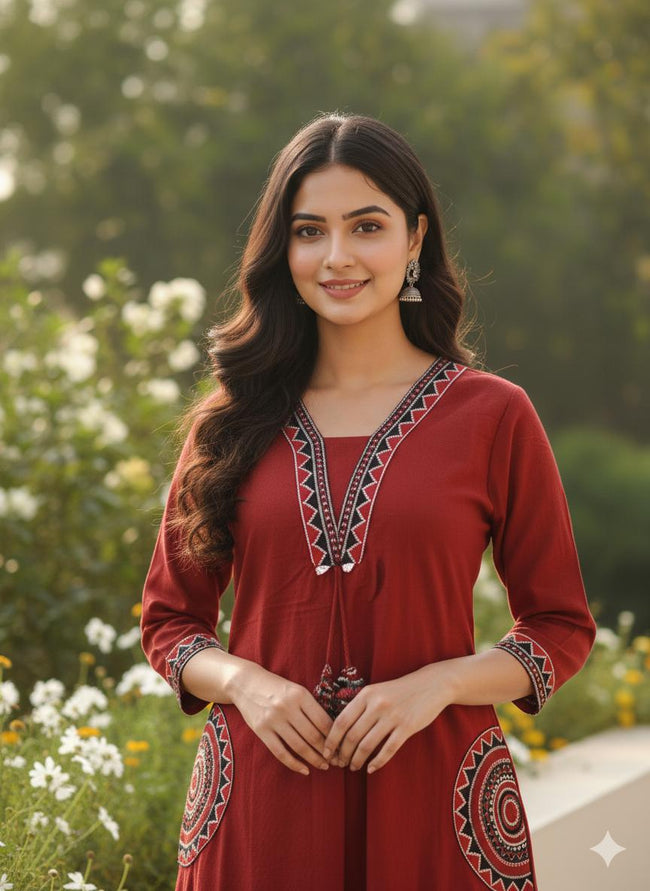 Classic Maroon Embroidered Kurta Set Main Image