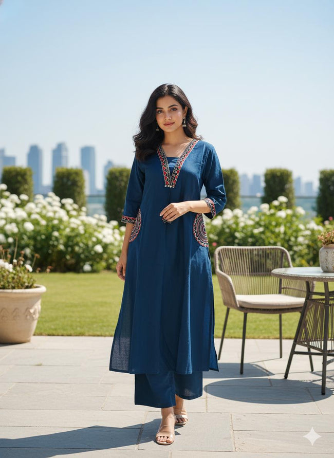 Deep Teal Embroidered Kurta Set Hover Image