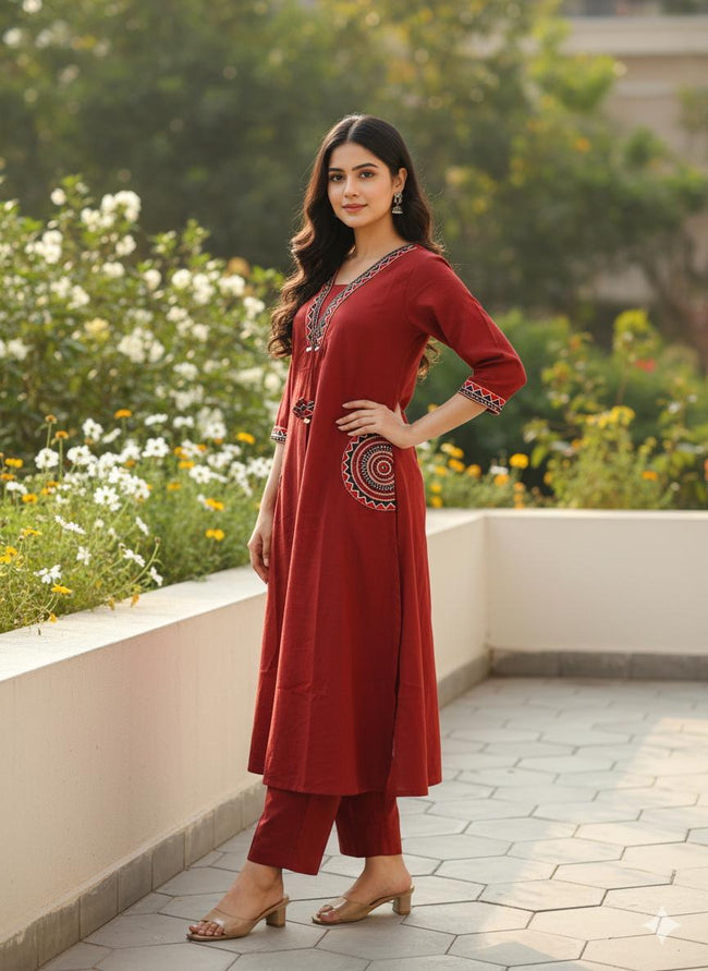 Classic Maroon Embroidered Kurta Set Hover Image