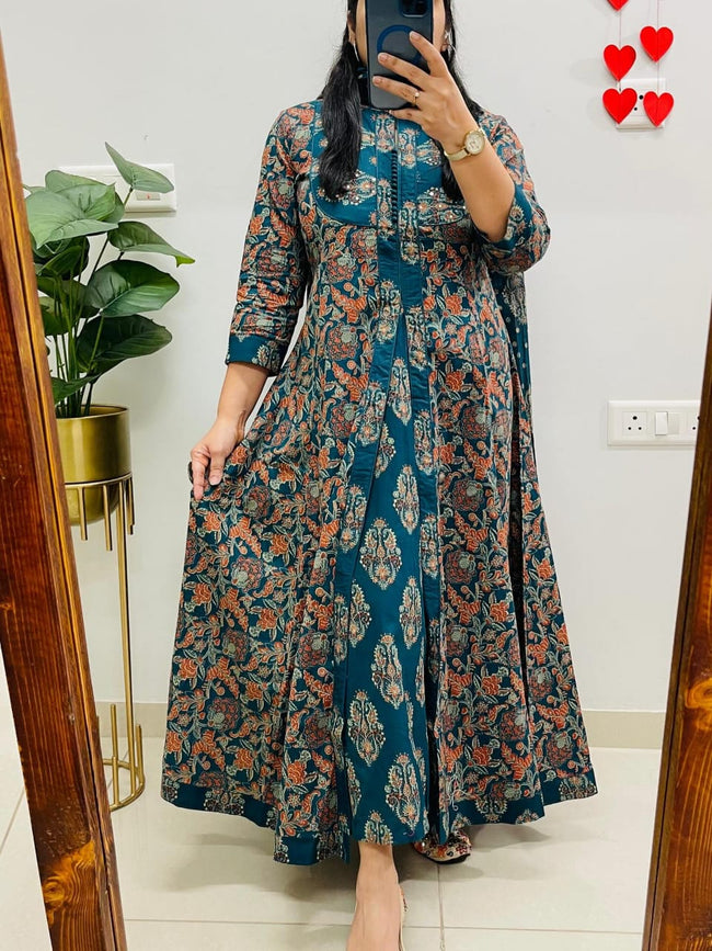 Teal Bloom Printed Front-Open Kurta Set Main Image