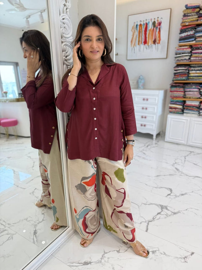 Wine Button-Down Tunic with Abstract Print Palazzo Pants Hover Image