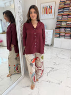 Wine Button-Down Tunic with Abstract Print Palazzo Pants