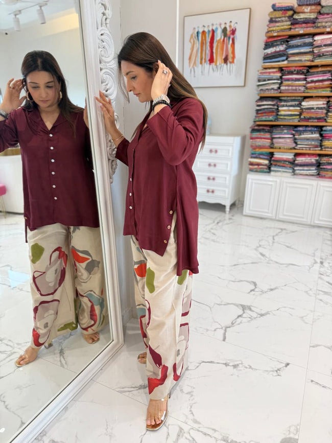 Wine Button-Down Tunic with Abstract Print Palazzo Pants Main Image
