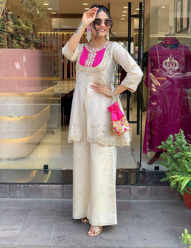 Ivory & Fuchsia Embroidered Tunic Palazzo Set Main Image