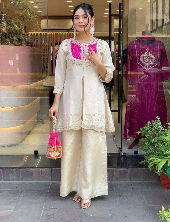 Ivory & Fuchsia Embroidered Tunic Palazzo Set Hover Image