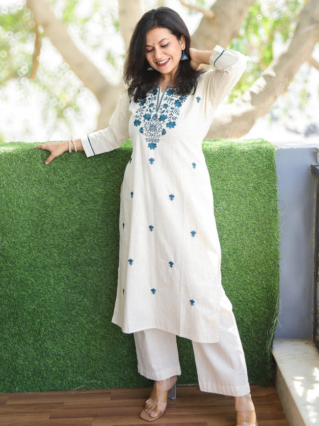 Ivory Blue Thread Embroidered Straight Kurta with Palazzo Set Main Image