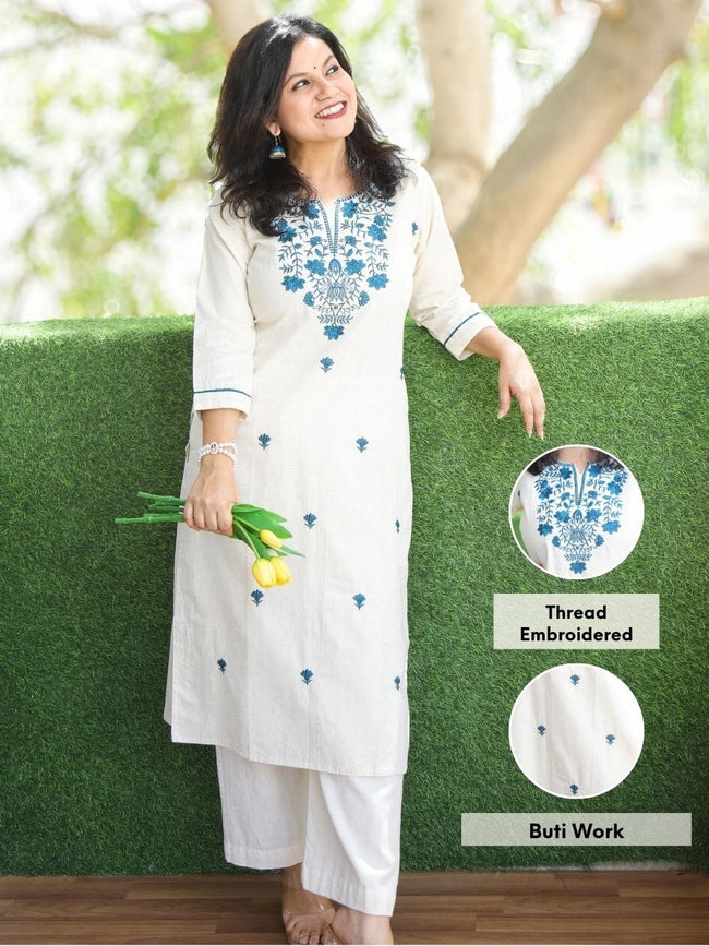 Ivory Blue Thread Embroidered Straight Kurta with Palazzo Set Hover Image