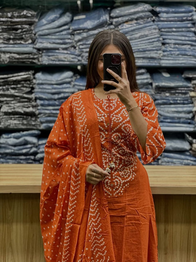 Rust Orange Bandhani Printed Kurta Set with Dupatta Hover Image