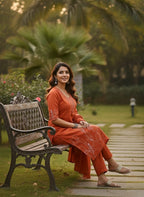 Ethnic Orange Embroidered Kurta Trouser Set with Dupatta