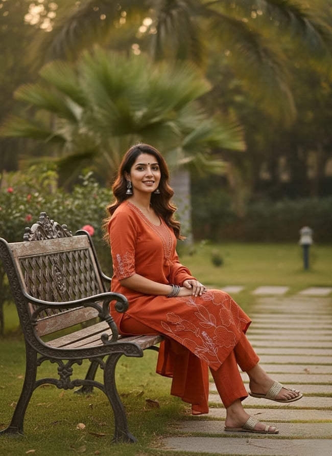 Ethnic Orange Embroidered Kurta Trouser Set with Dupatta Main Image