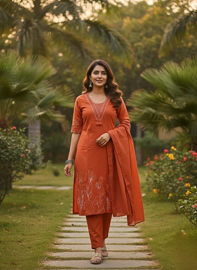 Ethnic Orange Embroidered Kurta Trouser Set with Dupatta Hover Image