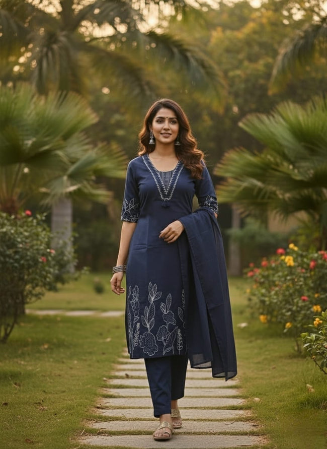 Navy Blue Embroidered Kurta Pant Set with Dupatta Hover Image