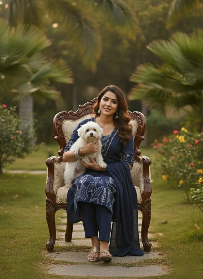 Navy Blue Embroidered Kurta Pant Set with Dupatta Main Image