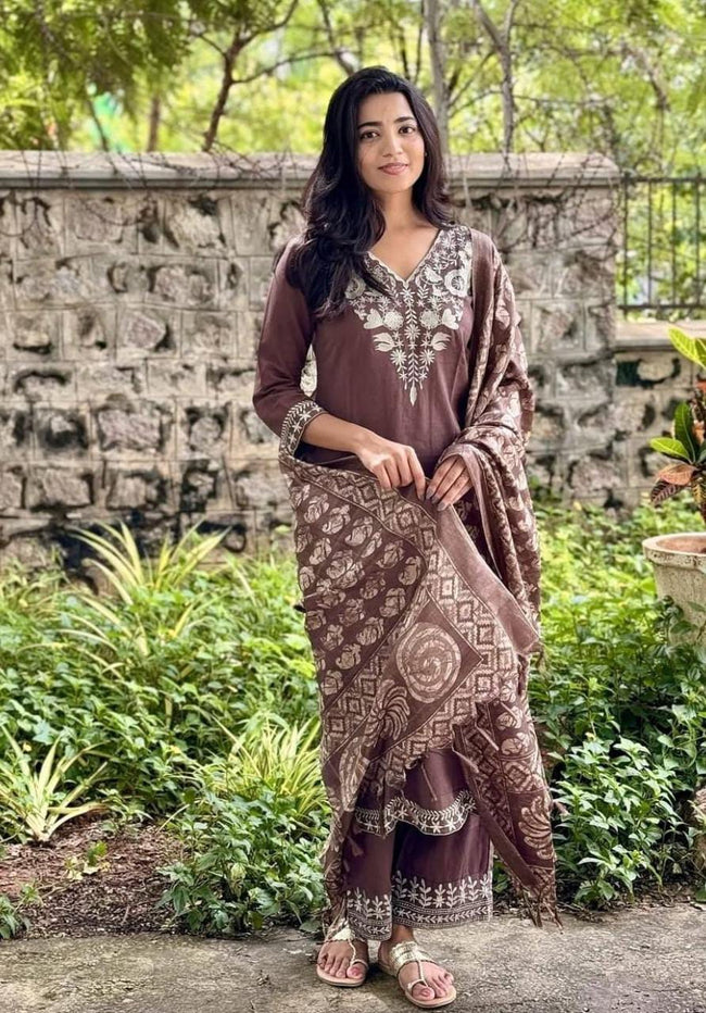 Brown Embroidered Kurta Pant Set with Printed Dupatta Main Image
