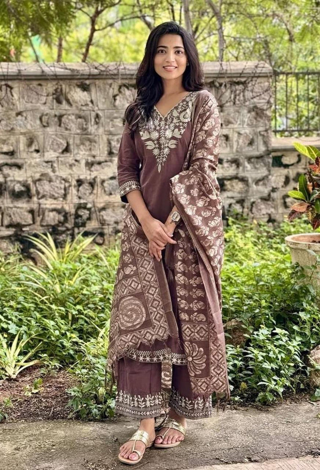 Brown Embroidered Kurta Pant Set with Printed Dupatta Hover Image