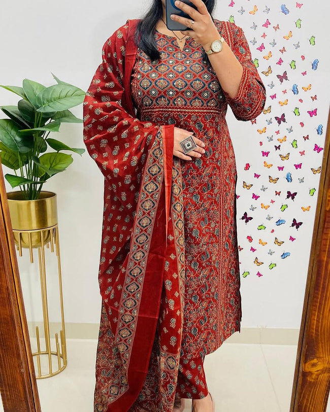 Crimson Red Ajrakh Inspired Printed Cotton Kurta Set with Dupatta Main Image