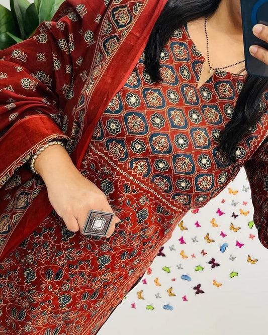 Crimson Red Ajrakh Inspired Printed Cotton Kurta Set with Dupatta