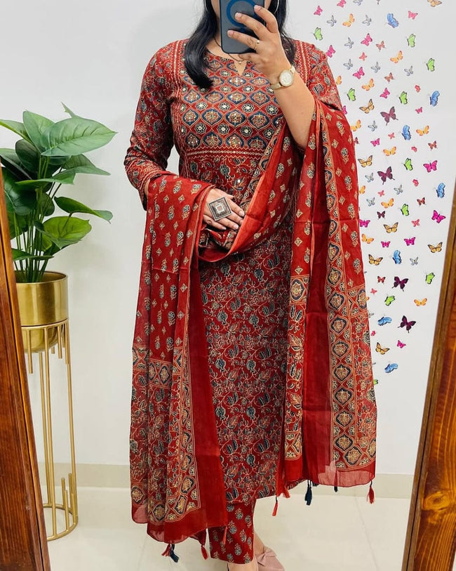 Crimson Red Ajrakh Inspired Printed Cotton Kurta Set with Dupatta Hover Image