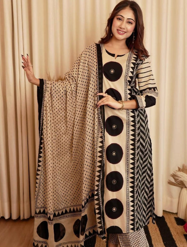 Beige & Black Geometric Print Kurta Set with Coordinated Dupatta Hover Image