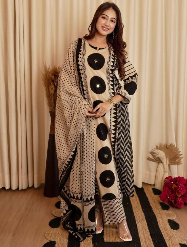 Beige & Black Geometric Print Kurta Set with Coordinated Dupatta Main Image
