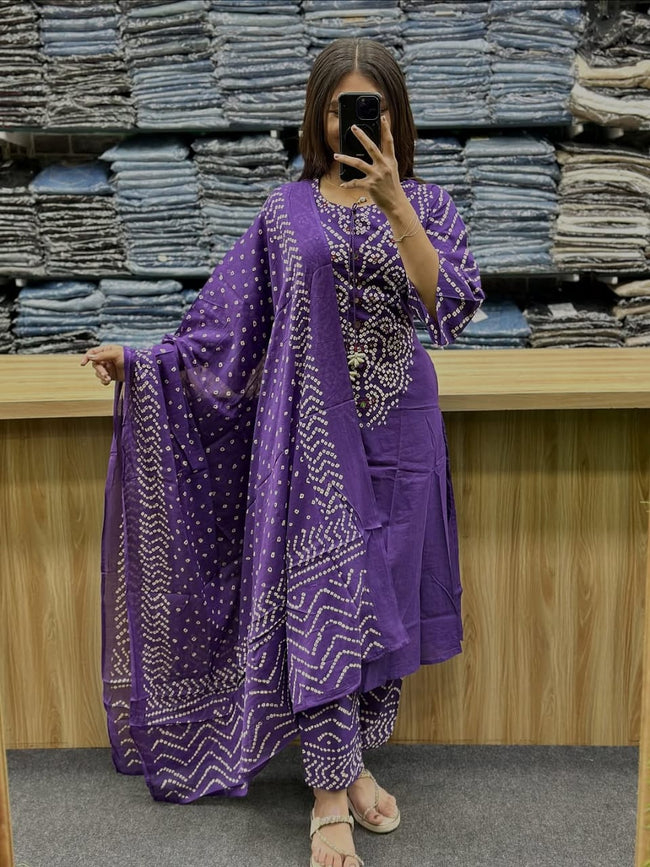 Royal Purple Bandhani Printed Cotton Kurta Set with Dupatta Hover Image