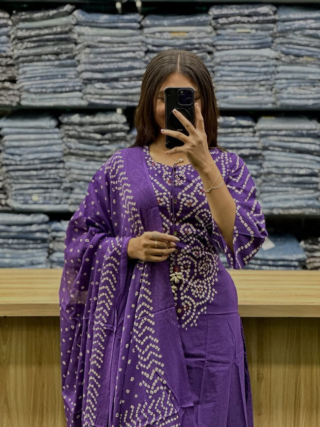 Royal Purple Bandhani Printed Cotton Kurta Set with Dupatta Main Image