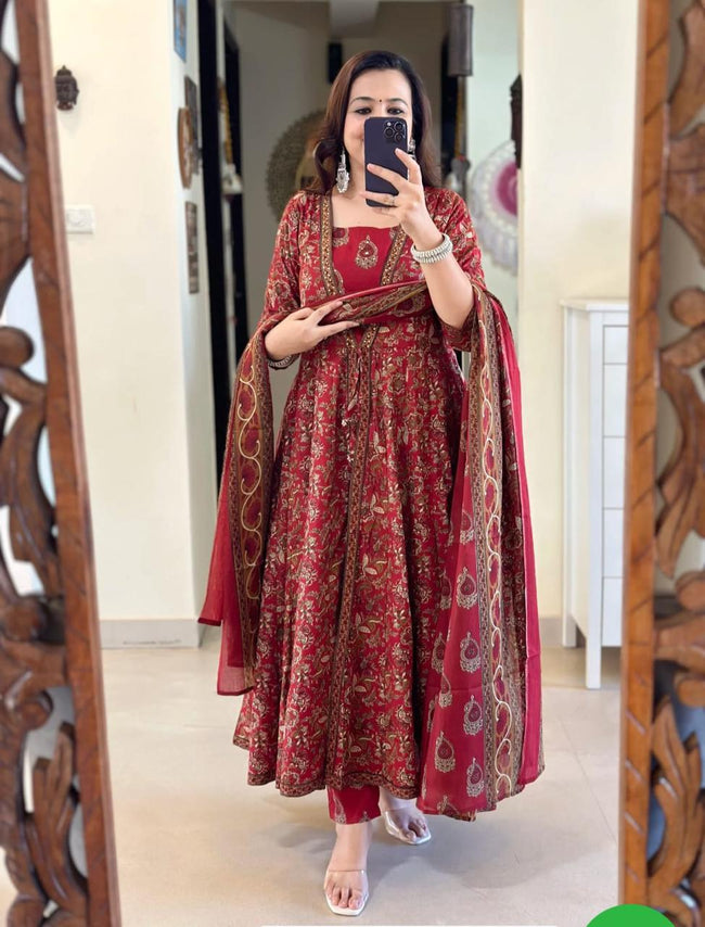 Royal Red Brocade Anarkali Kurta Set with Zari Dupatta Hover Image