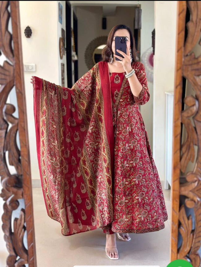 Royal Red Brocade Anarkali Kurta Set with Zari Dupatta Main Image