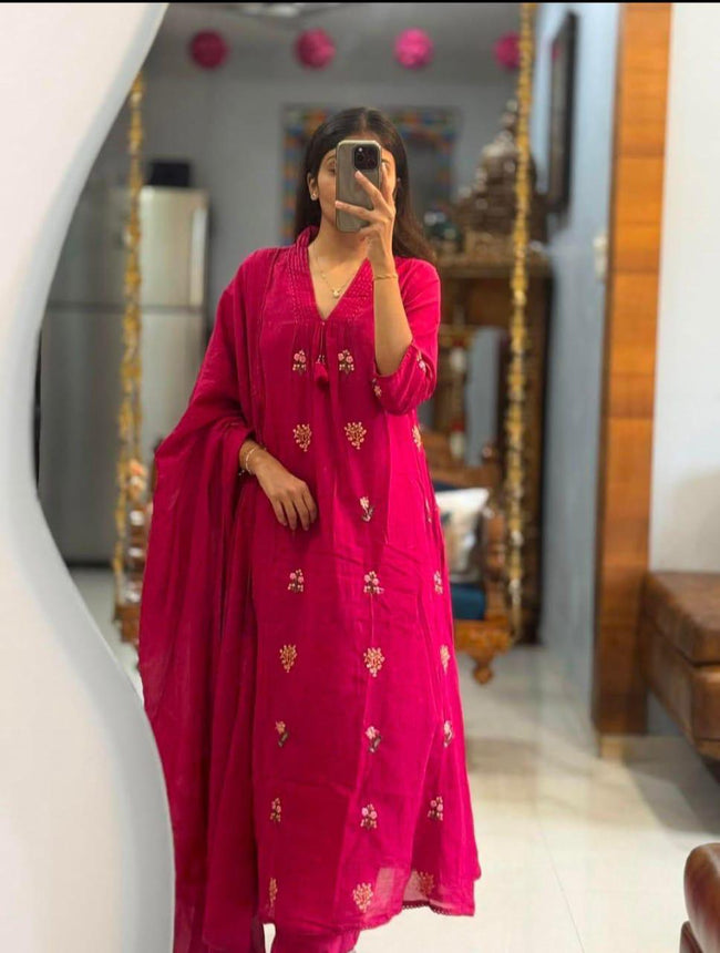 Rani Pink Embroidered Kurta Set with Dupatta Hover Image