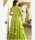 Lime Green Sleeveless Flared Maxi Dress with Pom-Pom Hem