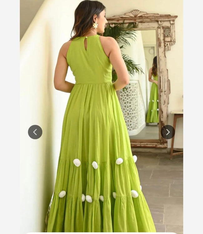 Lime Green Sleeveless Flared Maxi Dress with Pom-Pom Hem Main Image