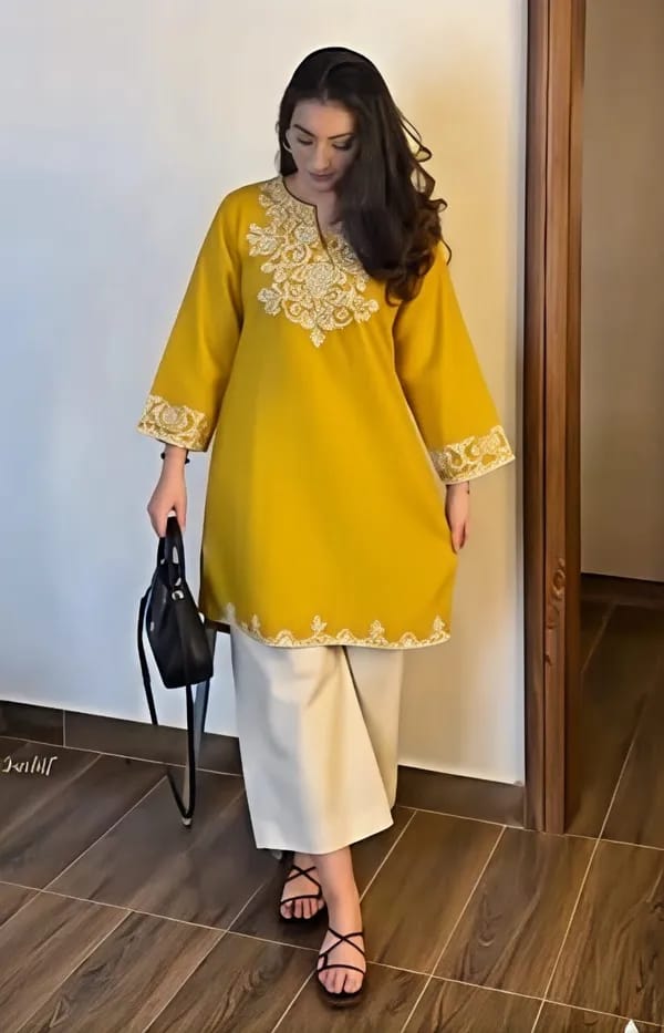 Mustard Yellow Embroidered Kurta with Off-White Palazzo Set Main Image