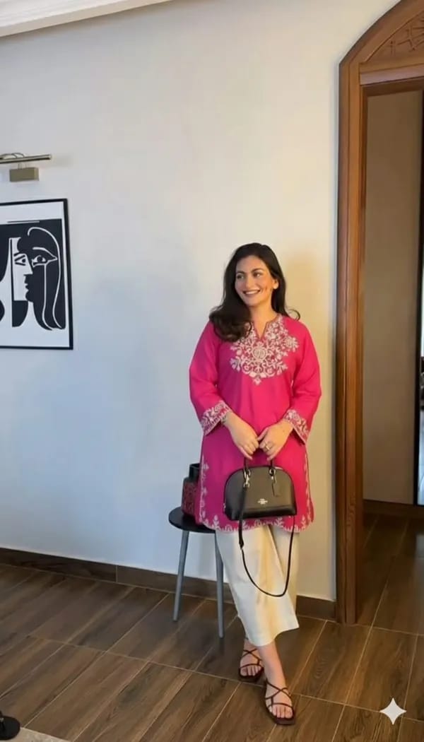 Rani Pink Embroidered Kurta with Off-White Palazzo Set Main Image