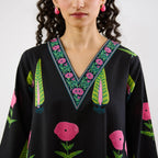 Midnight Black Floral Printed Kurta Set with V-Neck and Straight Pants