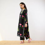 Midnight Black Floral Printed Kurta Set with V-Neck and Straight Pants