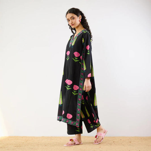 Midnight Black Floral Printed Kurta Set with V-Neck and Straight Pants