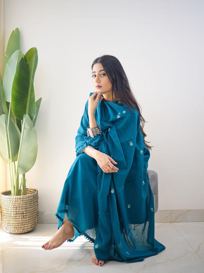 Teal Blue Embroidered Kurta Set with Dupatta Hover Image
