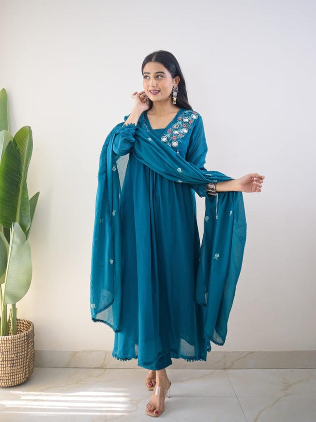Teal Blue Embroidered Kurta Set with Dupatta Main Image