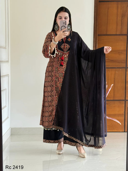 Midnight Black Handblock Printed Kurta Set with Embroidered Yoke & Dupatta